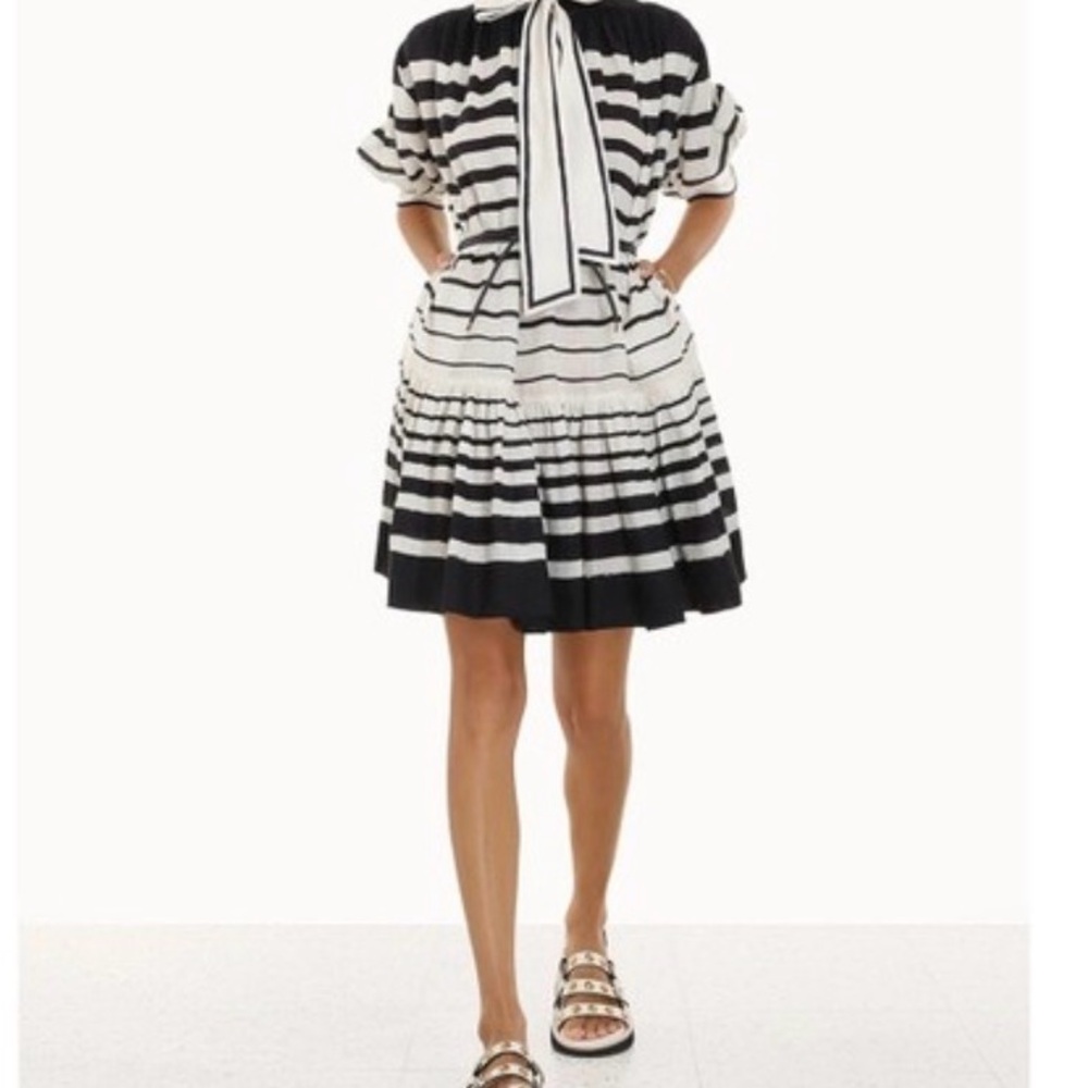 Zimmermann Black and White Striped Tie-Neck Dress